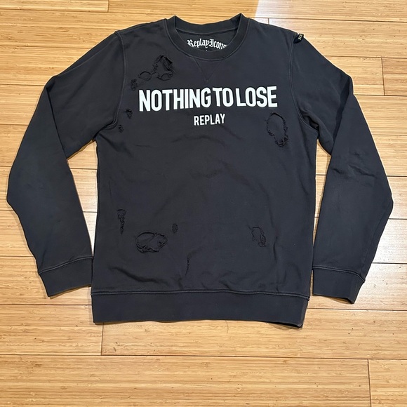 Replay Ripped Patched  Crewneck Sweatshirt Black/Grey Size Medium - Picture 4 of 11